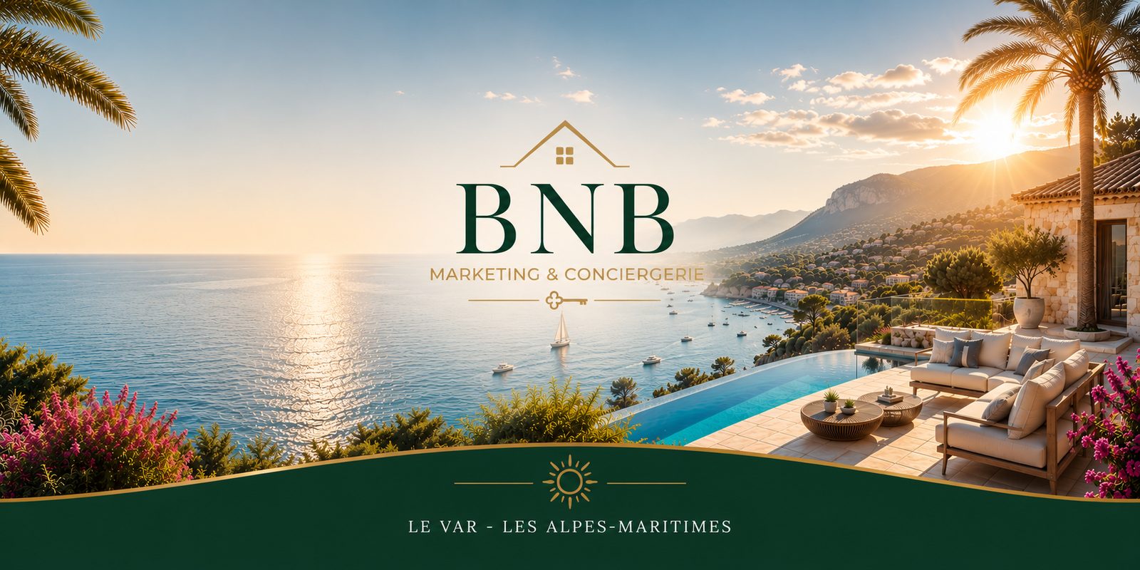 OasyLoc, agence de pilotage LCD — Le Var et les Alpes-Maritimes, villa vue mer sur la Côte d'Azur au coucher du soleil